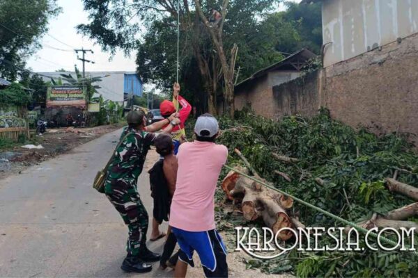 Babinsa Cibening Potong Pohon Rawan Listrik, Warga Terbantu