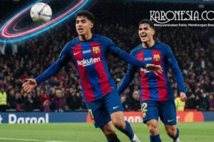 Dua pemain muda Barcelona merayakan gol di lapangan dengan latar penonton penuh saat laga Copa del Rey