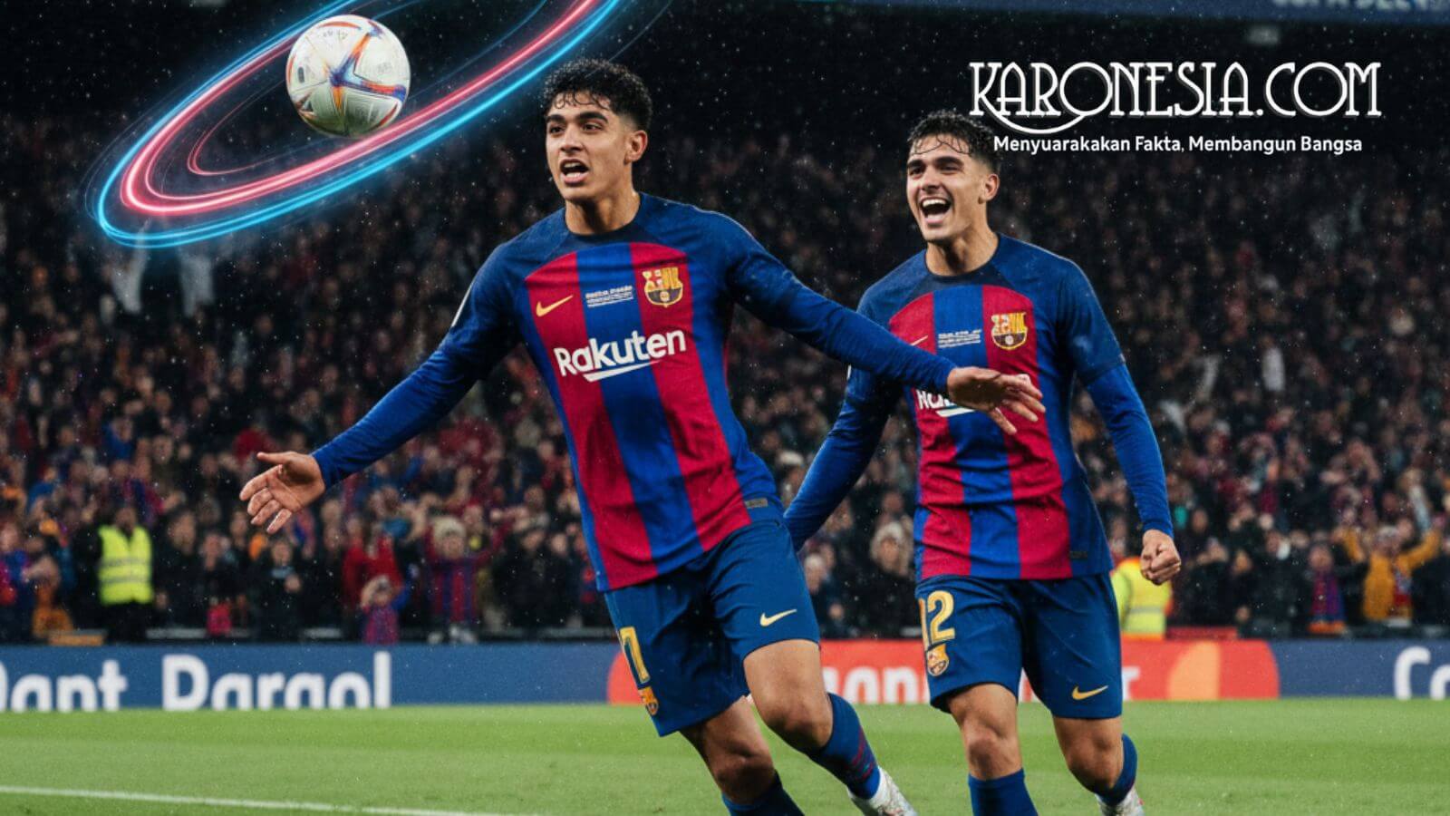 Dua pemain muda Barcelona merayakan gol di lapangan dengan latar penonton penuh saat laga Copa del Rey