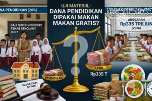 Gavel hakim di depan dokumen gugatan MK dengan latar belakang suasana sekolah.