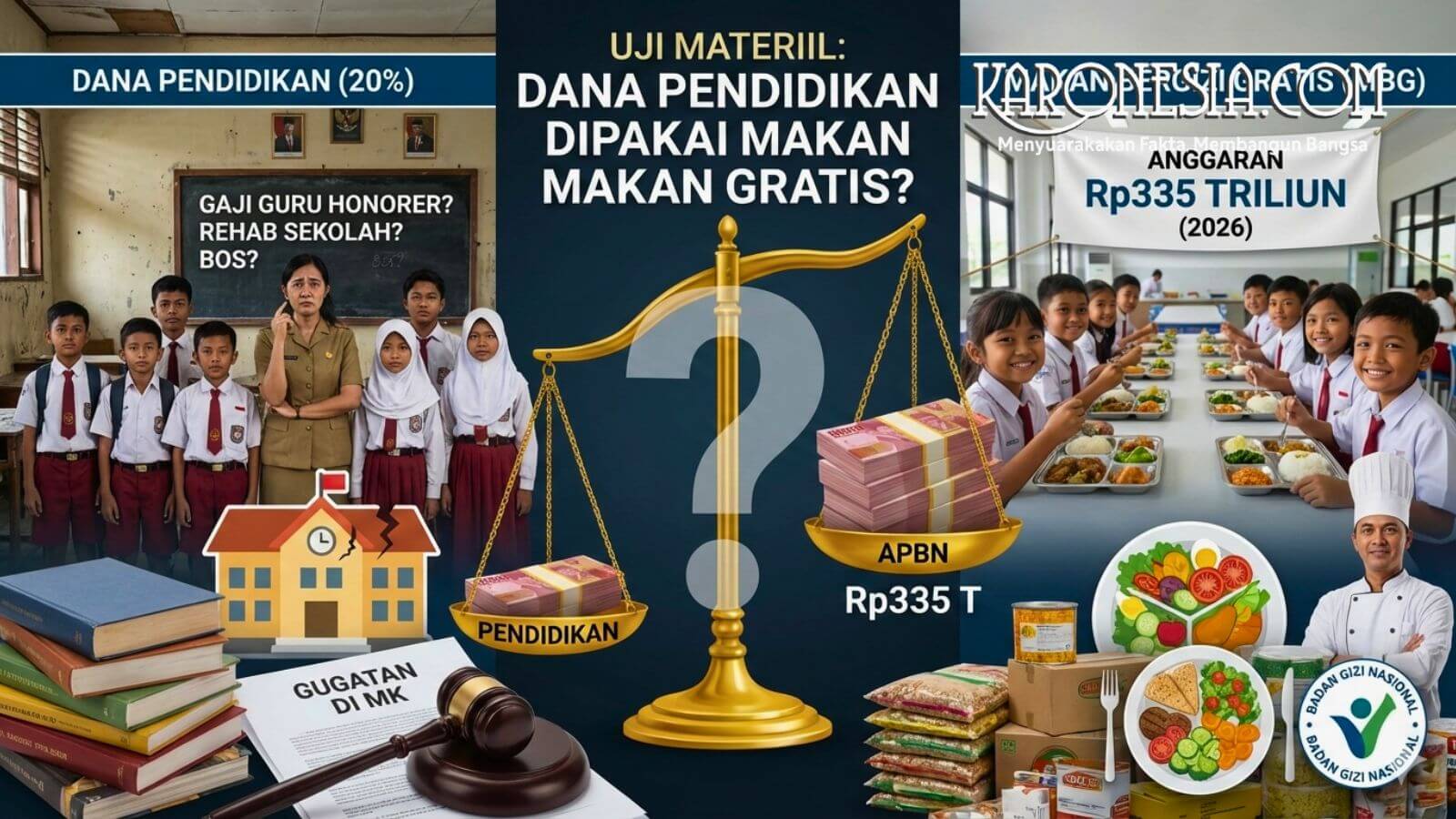 Gavel hakim di depan dokumen gugatan MK dengan latar belakang suasana sekolah.