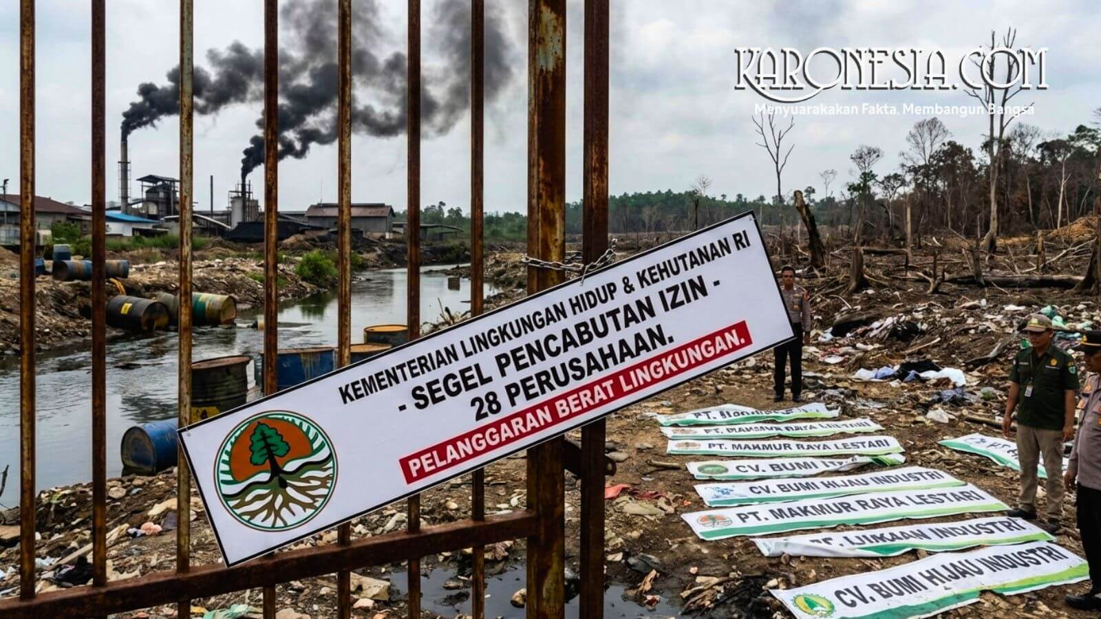 Penyegelan dari Kementerian Lingkungan Hidup & Kehutanan RI di depan pabrik yang mengeluarkan asap hitam pekat. Spanduk bertuliskan "SEGEL PENCABUTAN IZIN - 28 PERUSAHAAN - PELANGGARAN BERAT LINGKUNGAN"