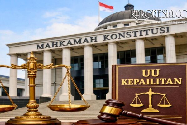 Gedung Mahkamah Konstitusi Republik Indonesia dengan timbangan keadilan, palu hakim, dan buku hukum bertuliskan UU Kepailitan di bagian depan.