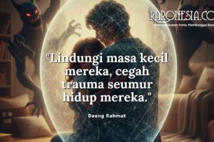 Ilustrasi poster Karonesia.com menampilkan seorang pria melindungi anak kecil di dalam gelembung cahaya dari bayangan monster, disertai kutipan perlindungan anak oleh Daeng Rahmat.