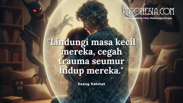 Ilustrasi poster Karonesia.com menampilkan seorang pria melindungi anak kecil di dalam gelembung cahaya dari bayangan monster, disertai kutipan perlindungan anak oleh Daeng Rahmat.
