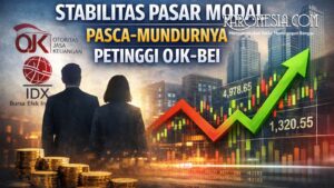 Menko Perekonomian Airlangga Hartarto membahas stabilitas pasar modal bersama otoritas keuangan pasca-pengunduran diri pimpinan OJK dan BEI, dengan latar pergerakan indeks saham dan simbol pasar modal Indonesia.