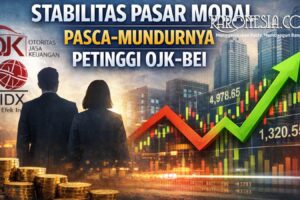 Menko Perekonomian Airlangga Hartarto membahas stabilitas pasar modal bersama otoritas keuangan pasca-pengunduran diri pimpinan OJK dan BEI, dengan latar pergerakan indeks saham dan simbol pasar modal Indonesia.