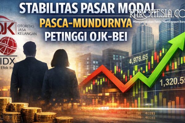 Menko Perekonomian Airlangga Hartarto membahas stabilitas pasar modal bersama otoritas keuangan pasca-pengunduran diri pimpinan OJK dan BEI, dengan latar pergerakan indeks saham dan simbol pasar modal Indonesia.