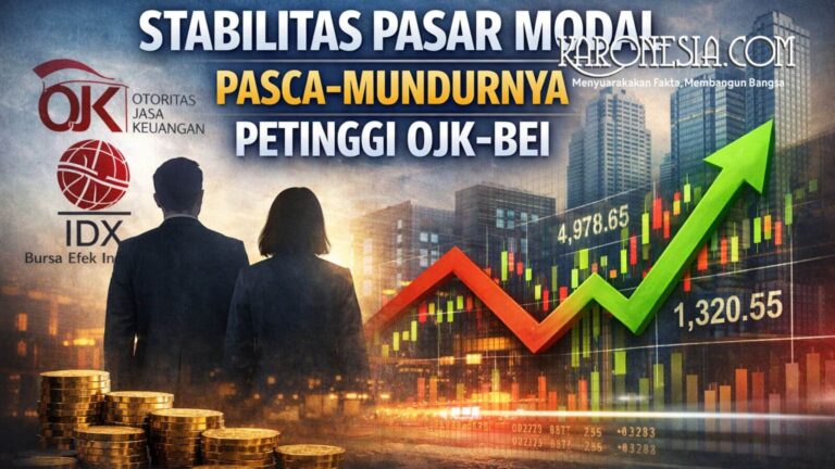 Menko Perekonomian Airlangga Hartarto membahas stabilitas pasar modal bersama otoritas keuangan pasca-pengunduran diri pimpinan OJK dan BEI, dengan latar pergerakan indeks saham dan simbol pasar modal Indonesia.