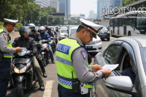 Petugas polisi lalu lintas memeriksa kendaraan dalam Operasi Keselamatan Jaya 2026 di Jakarta.