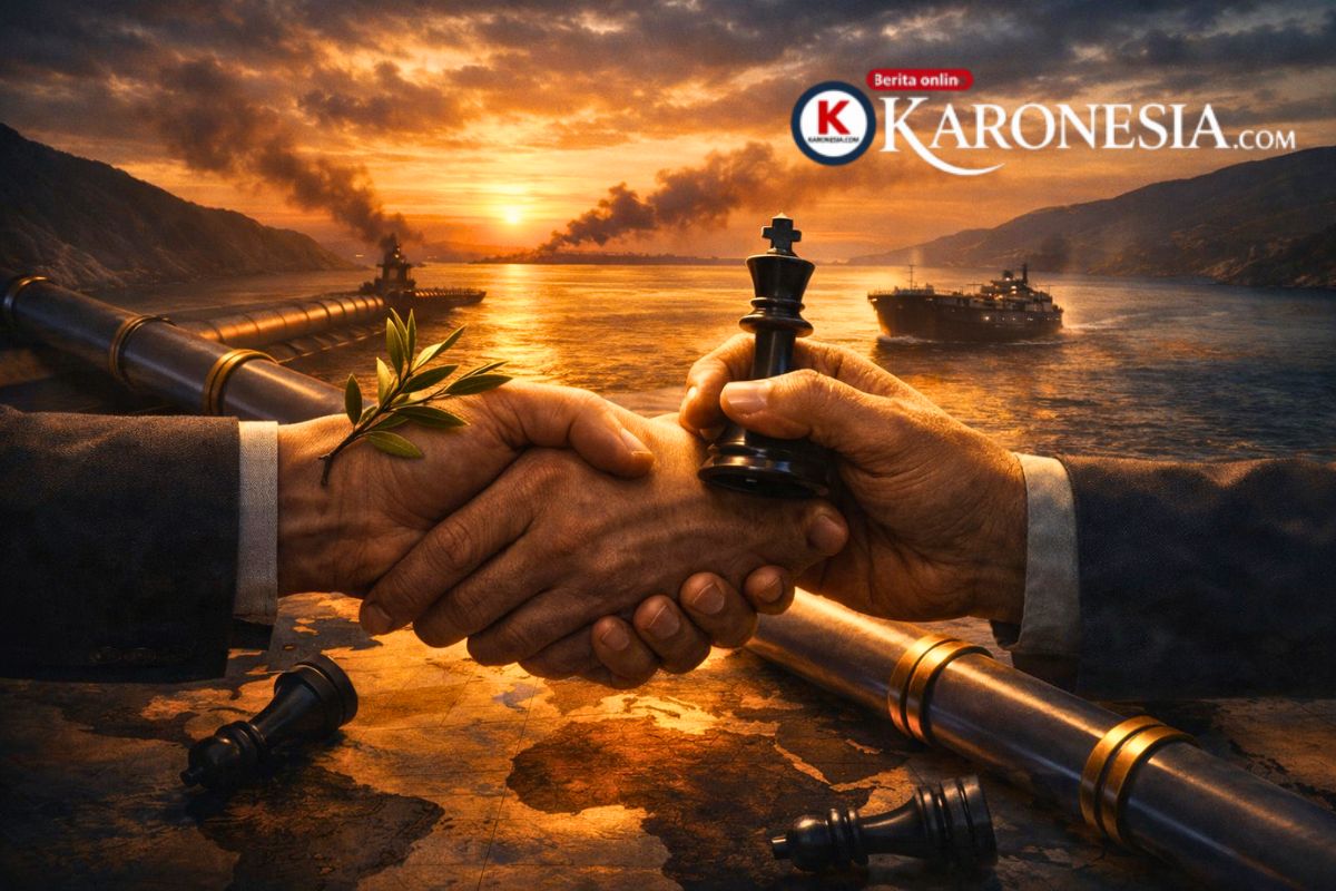 Jabat tangan diplomasi dengan buah zaitun dan bidak catur di atas peta dunia, kapal tanker melintas di selat saat matahari terbenam