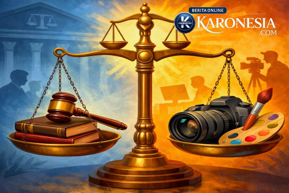 Timbangan hukum dengan palu hakim dan simbol kerja kreatif seperti kamera dan kuas