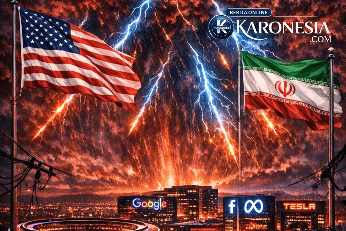 Ilustrasi ancaman Iran terhadap perusahaan teknologi AS - bendera Amerika dan Iran dengan latar gedung Google, Meta, dan Tesla di tengah ledakan dan petir