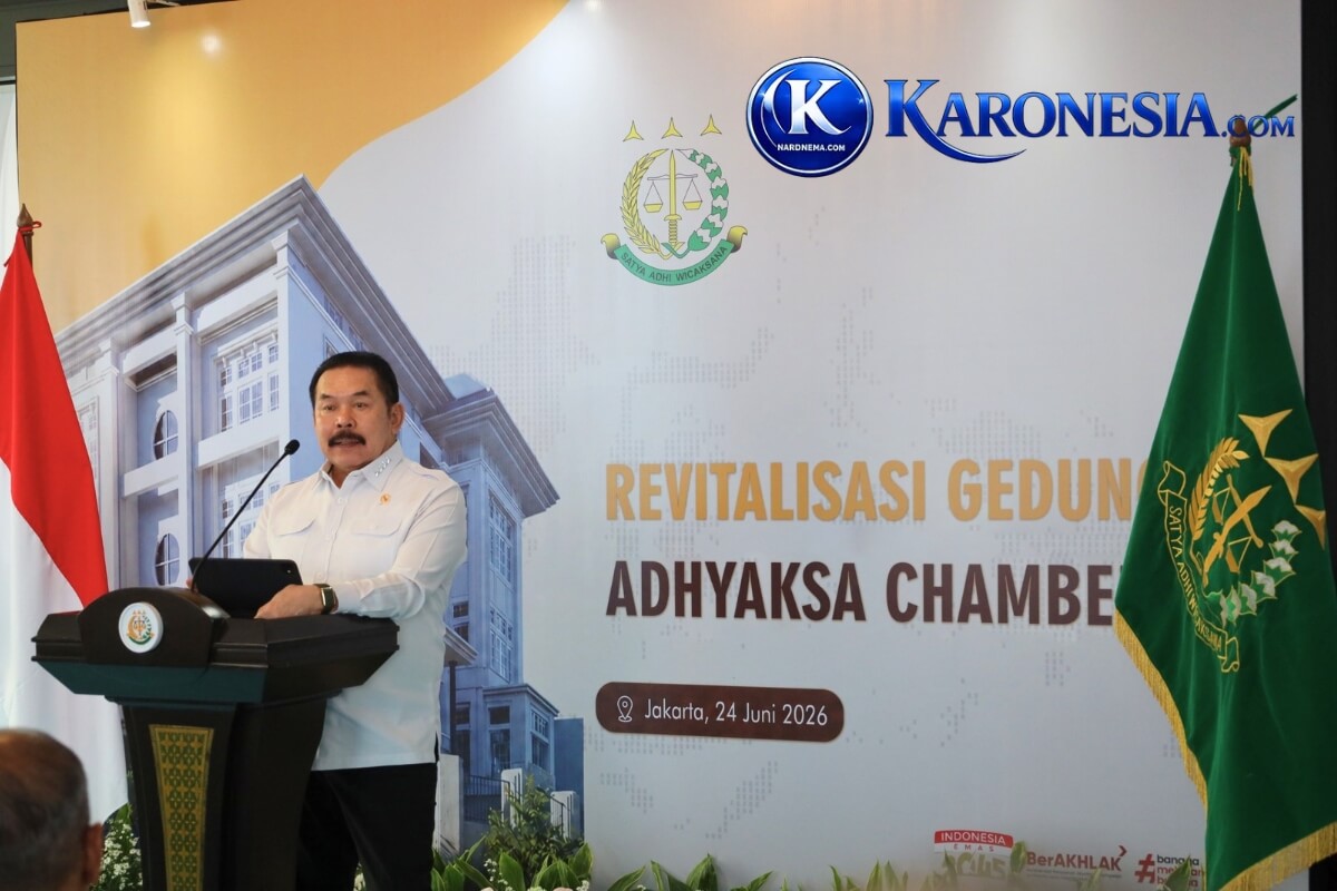 Jaksa Agung ST Burhanuddin memberikan sambutan pada Kick Off Revitalisasi Adhyaksa Chambers, Jakarta, 24 Juni 2026.