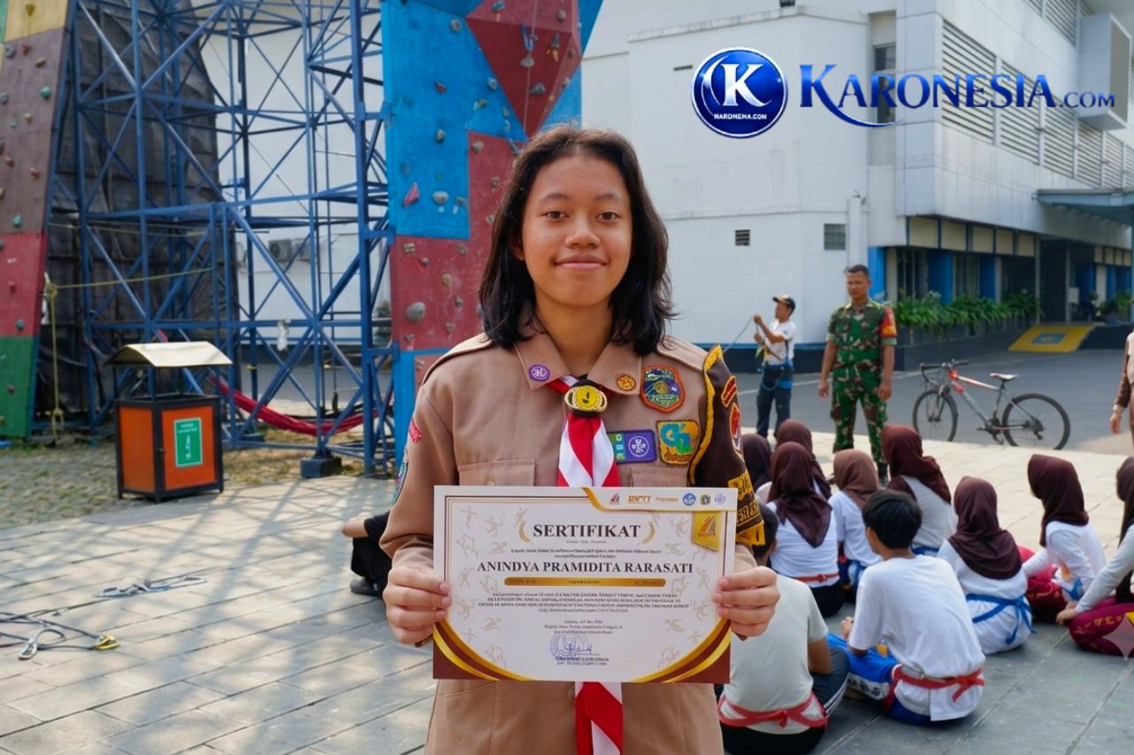 Anindya Pramidita Rarasati anggota Saka Wira Kartika Koramil 07 Pondok Aren usai meraih Juara II panjat tebing putri nomor Lead dan Speed pada O2SN 2026.