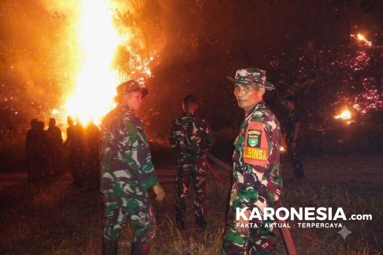 Petugas pemadam kebakaran dan prajurit TNI berjibaku memadamkan kobaran api karhutla pada malam hari di Salo Timur, Kampar.