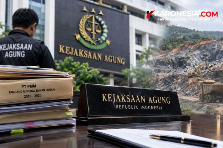 Ilustrasi penyidikan korupsi tambang PT PMM: petugas Kejaksaan Agung di depan gedung, berkas perkara, dan lokasi tambang mineral bukan logam.