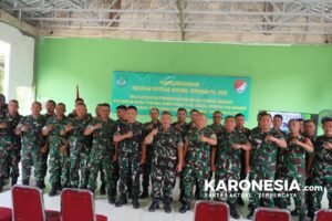 Jajaran personel TNI AD dan Babinsa berfoto bersama dengan pose komando di depan spanduk Kegiatan Katpuan Apkowil Tersebar TA 2026 di Kodim 0510 Tigaraksa.