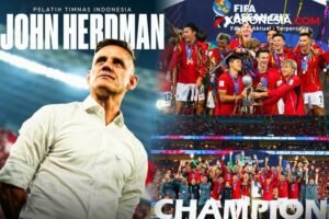 Kolase pelatih Timnas Indonesia John Herdman dan skuad Garuda mengangkat trofi juara FIFA ASEAN Cup 2026 di Jakarta