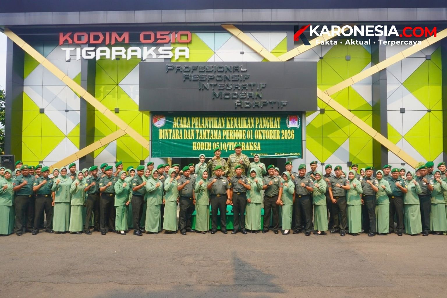 Foto bersama prajurit Bintara, Tamtama, dan anggota Persit Kodim 0510/Tigaraksa saat acara pelantikan kenaikan pangkat periode 1 Oktober 2026.