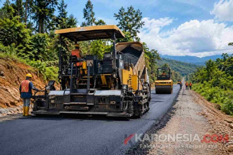 Alat berat asphalt paver dan pekerja proyek menggelar aspal hotmix pada rekonstruksi jalan