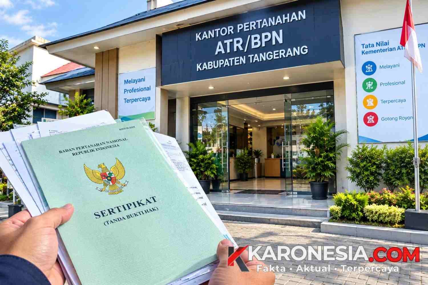 Ilustrasi sertifikat tanah di depan Kantor Pertanahan ATR/BPN Kabupaten Tangerang.